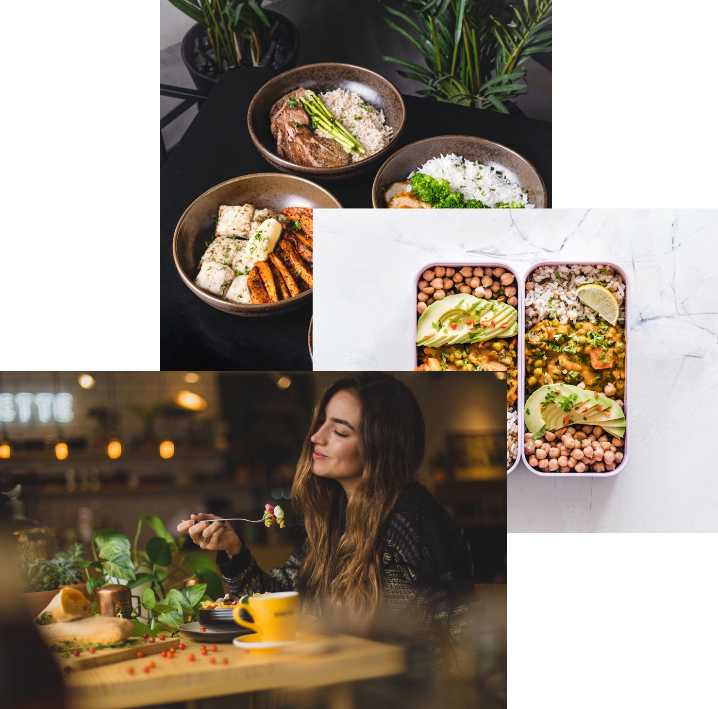 woman enjoying food, meal in a storage container, and food bowl on the table